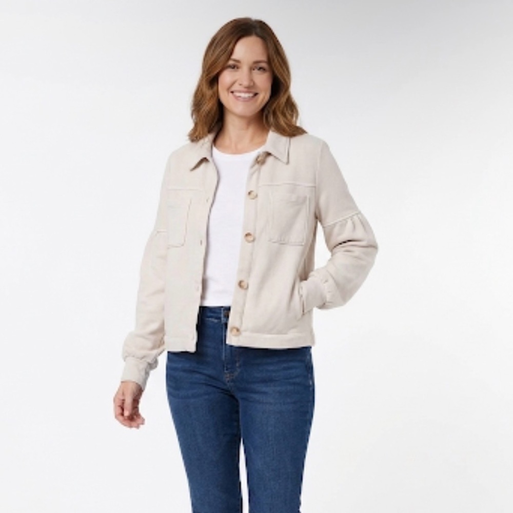 t.la french terry puff sleeve button front cream small